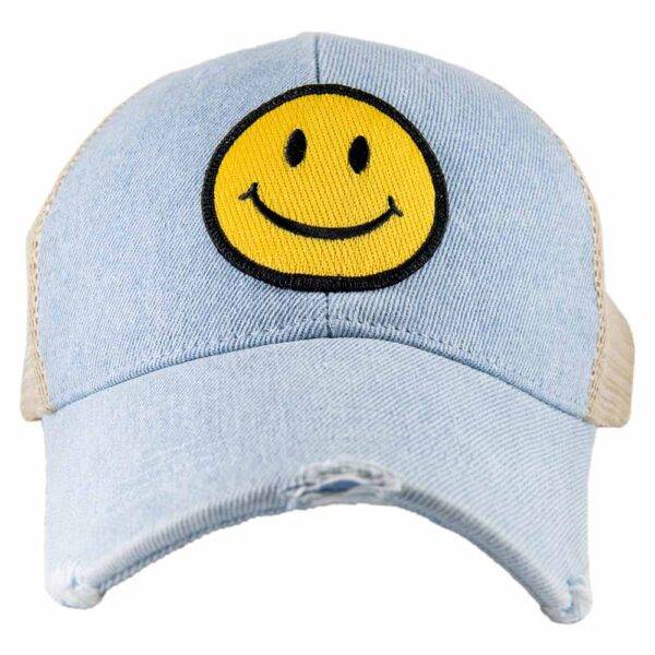 Happy Face Distressed Trucker Hat Denim