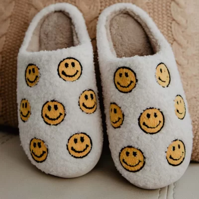 Happy Face All Over Fuzzy Slippers