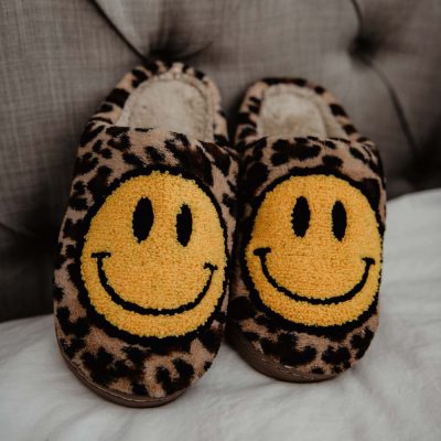 Happy Face Leopard Fuzzy Slippers