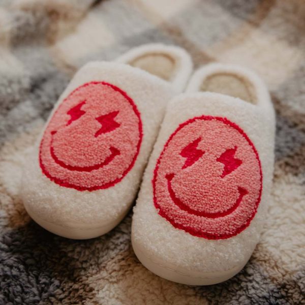 Pink Lightning Eyes Happy Face Fuzzy Slippers