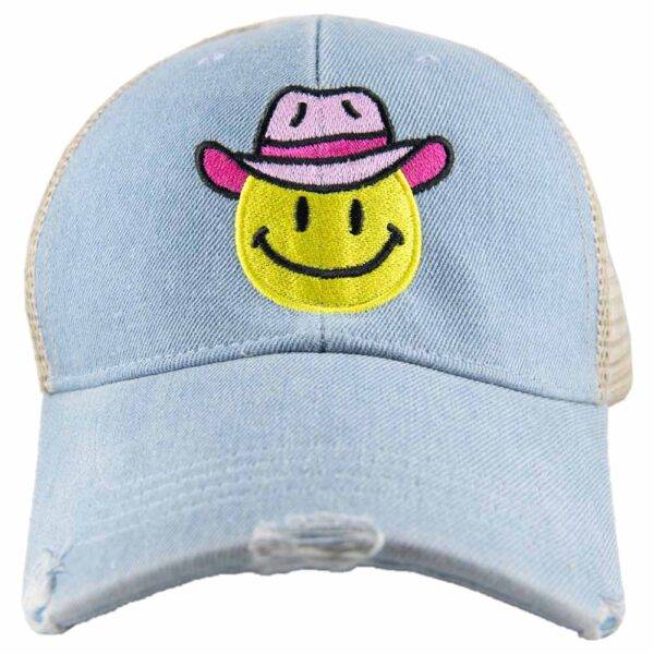 Cowboy Hat Happy Face Distressed Trucker Hat Denim
