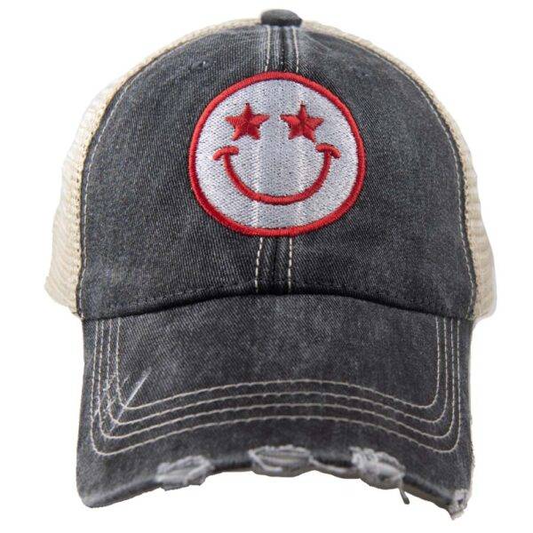 Star Eyed Happy Face Distressed Trucker Hat