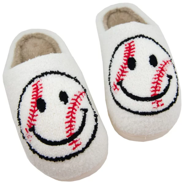 Baseball Happy Face Fuzzy Slippers