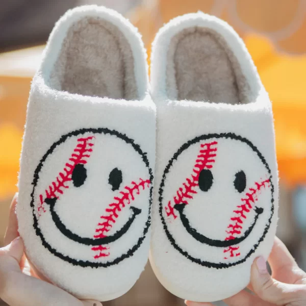 Baseball Happy Face Fuzzy Slippers