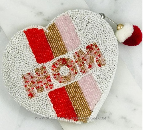 Mom Striped Heart Beaded Coin Pouch
